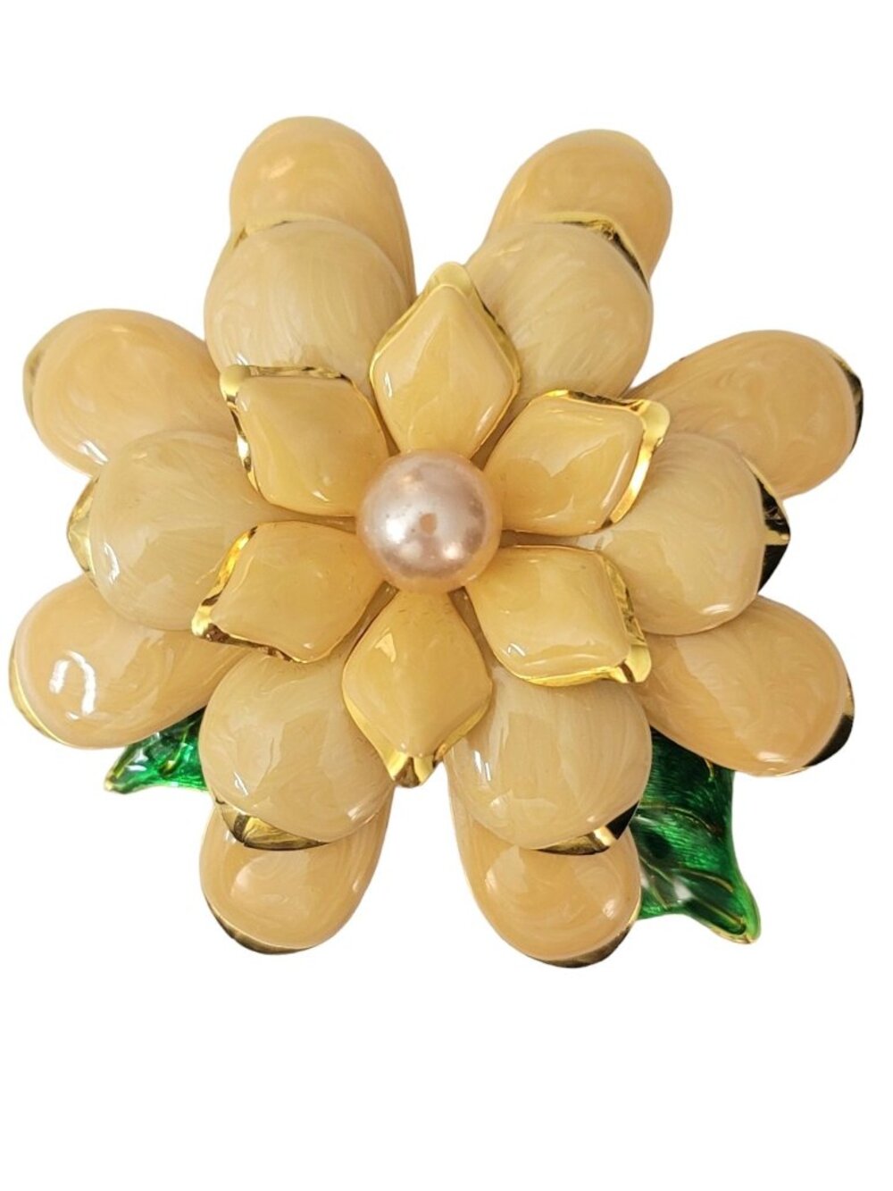Joan Rivers Gold Tone Peach, Green Enamel Faux Pearl Flower Brooch, Signed M55